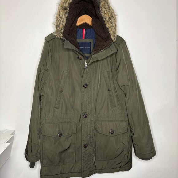 Tommy Hilfiger Men's Performance Parka Jacket Olive Green Medium Faux Fur Trim - Picture 6 of 13